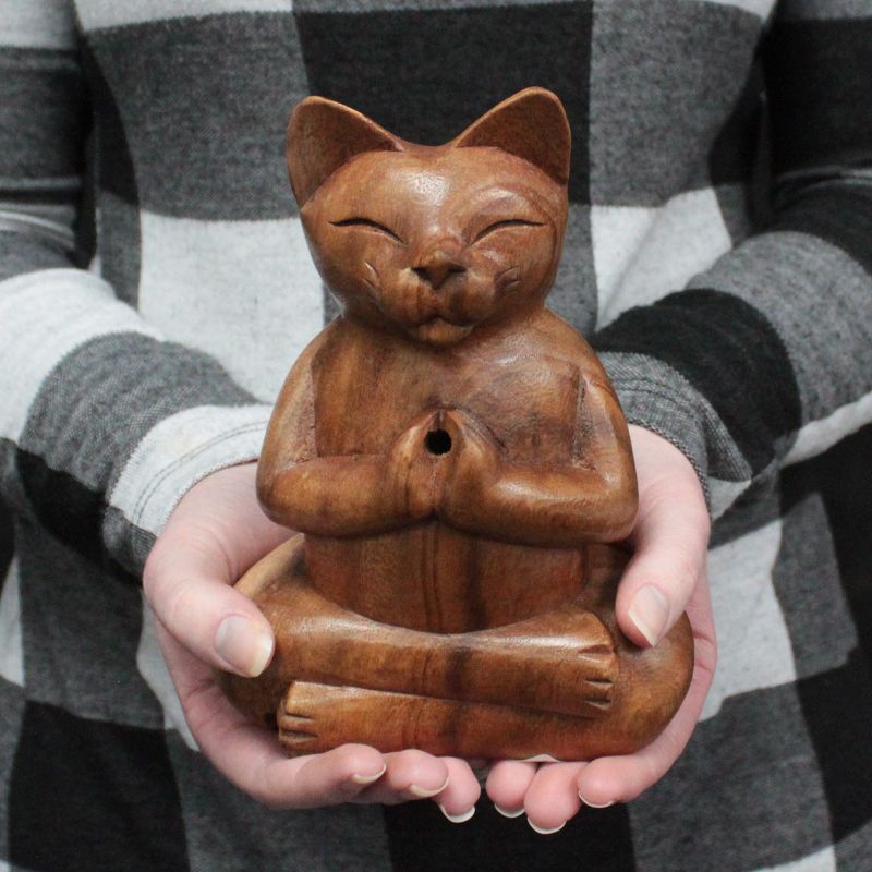 Wooden Carved Incense Burner - Lrg Yoga Cat