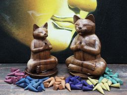 Wooden Carved Incense Burner - Med Yoga Cat