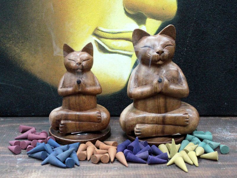 Wooden Carved Incense Burner - Med Yoga Cat