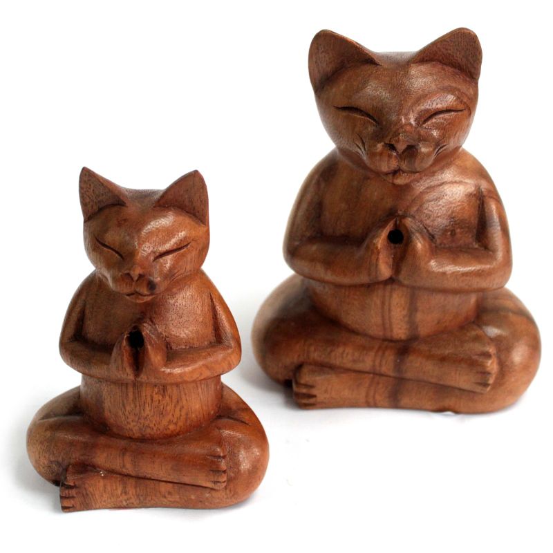 Wooden Carved Incense Burner - Med Yoga Cat