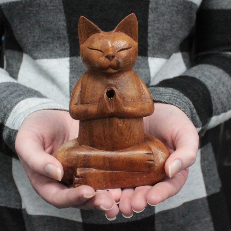 Wooden Carved Incense Burner - Med Yoga Cat