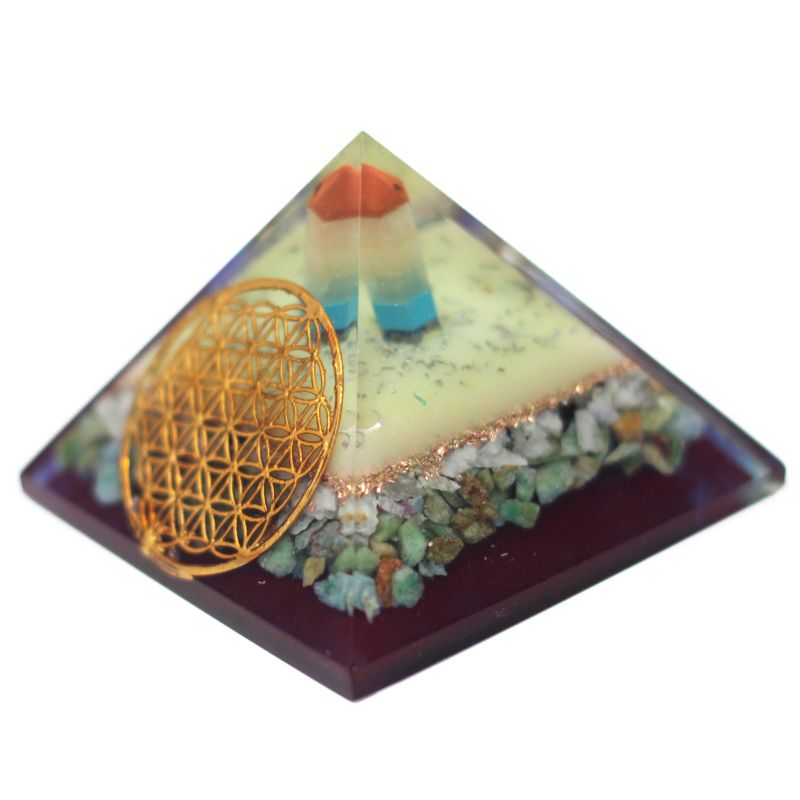 Lrg Organite Pyramid 70 mm - Flower of life symbol