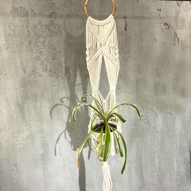 Macrame Pot Holder - Long With Rattan Hoop