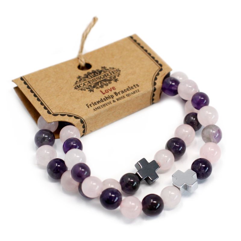 Set of 2 Friendship Bracelets - Love - Amethyst & Rose Quartz
