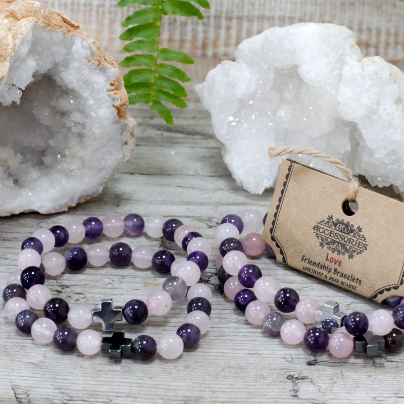 Set of 2 Friendship Bracelets - Love - Amethyst & Rose Quartz