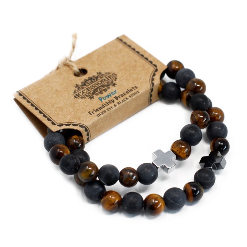 Set of 2 Friendship Bracelets - Power - Tiger Eye & Black Stone
