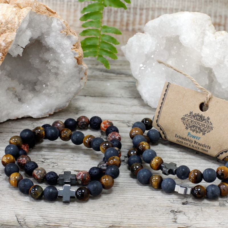 Set of 2 Friendship Bracelets - Power - Tiger Eye & Black Stone