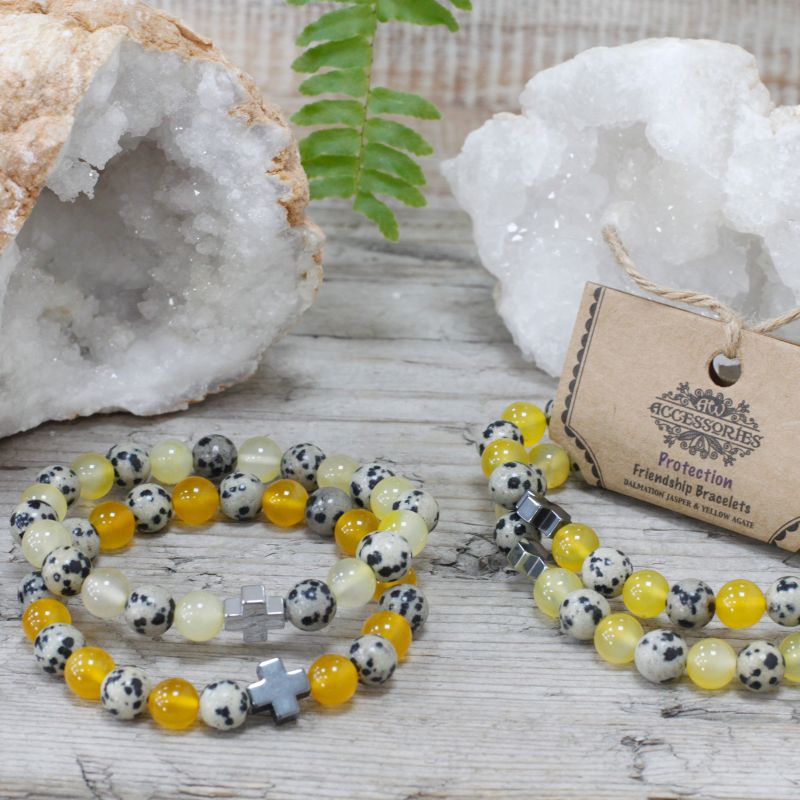 Set of 2 Friendship Bracelets - Protection - Dalmatian Jasper & Yellow Agate