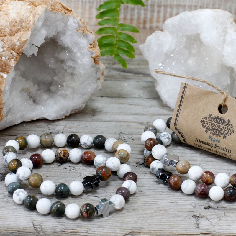 Set of 2 Friendship Bracelets - Peace - Picasso Jasper & White Howlite