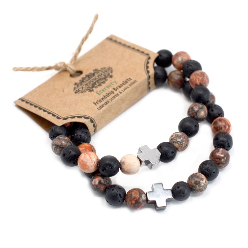 Set of 2 Friendship Bracelets - Eternity  - Leopard Skin Jasper & Lava Stone