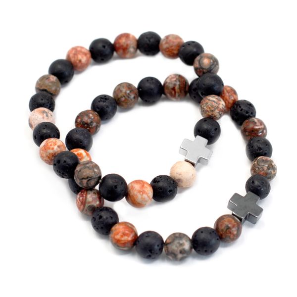 Set of 2 Friendship Bracelets - Eternity  - Leopard Skin Jasper & Lava Stone