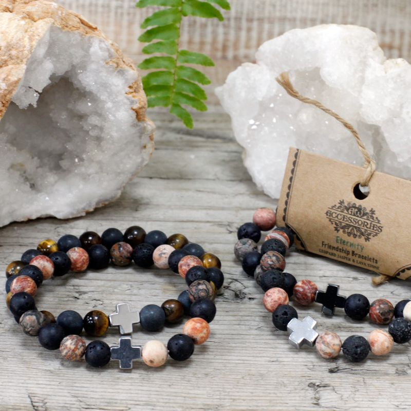 Set of 2 Friendship Bracelets - Eternity  - Leopard Skin Jasper & Lava Stone
