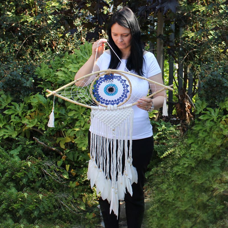Protection Dream Catcher - Lrg Macrame Eye White/Blue/Grey