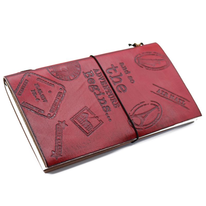 Handmade Leather Journal- The Adventure Begins - Red 22x12x1.5 cm (80 pages)