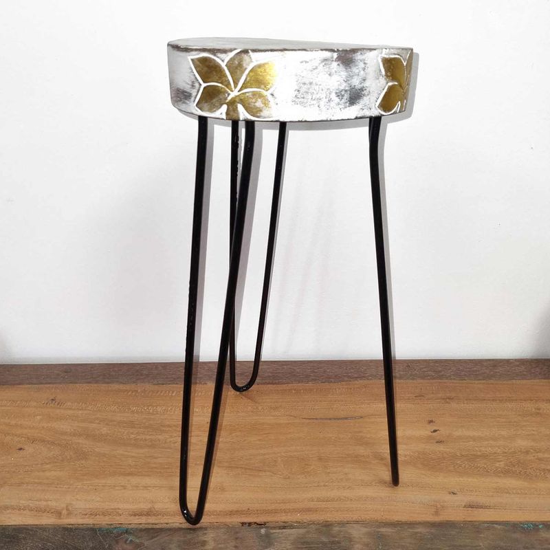 Albasia Wood Plant Stand - Whitewash & Gold Detail