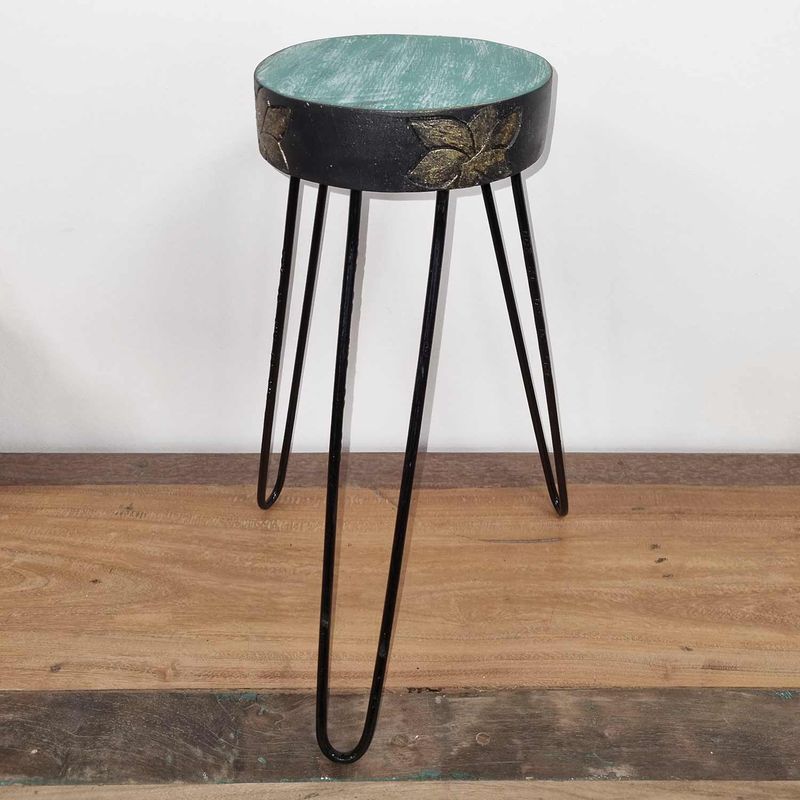 Albasia Wood Plant Stand - Turquoise & Gold Detail