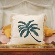 Linen Cushion Covering 60x60cm Palm Tree with Fringe