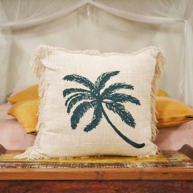 Linen Cushion Covering 60x60cm Palm Tree with Fringe
