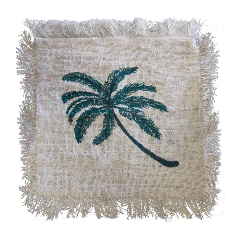 Linen Cushion Covering 60x60cm Palm Tree with Fringe