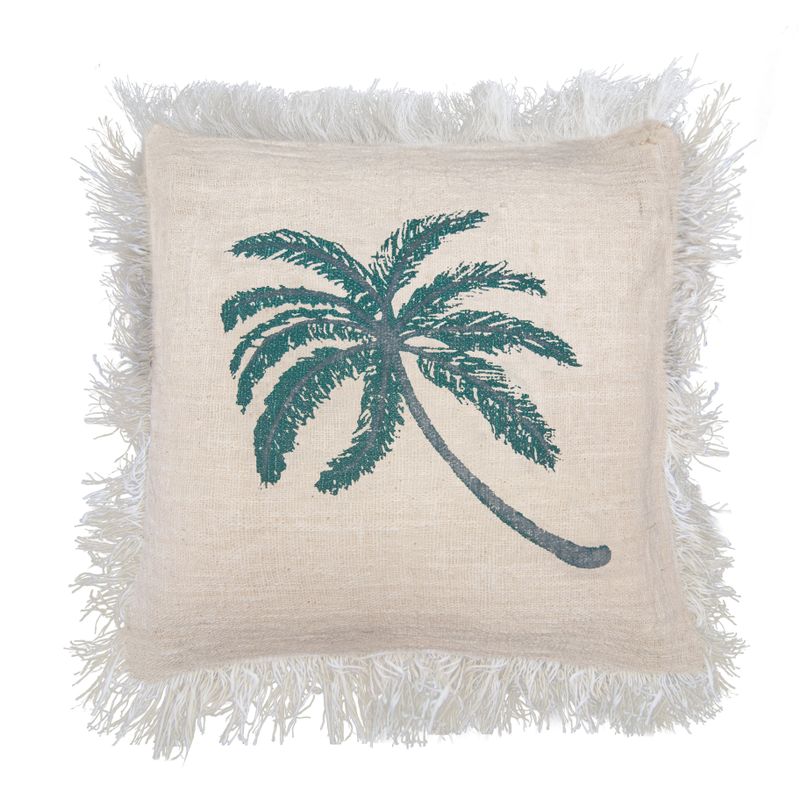 Linen Cushion Covering 60x60cm Palm Tree with Fringe