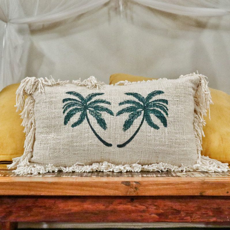 Linen Cushion Covering 30x50cm Palm Tree with Fringe
