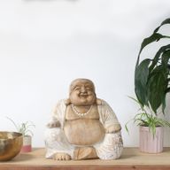 Hand Carved Buddha Statue - 30cm Happy - Whitewash