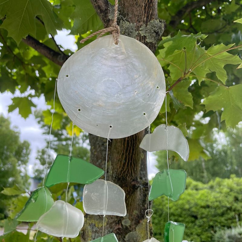 Recycled Glass & Copis Wind Chime - Green & White