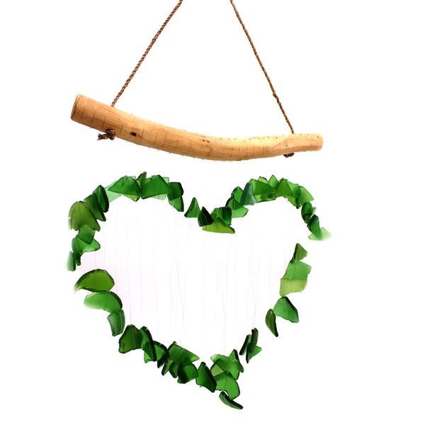 Recycled Glass Wind Chime - Green Heart