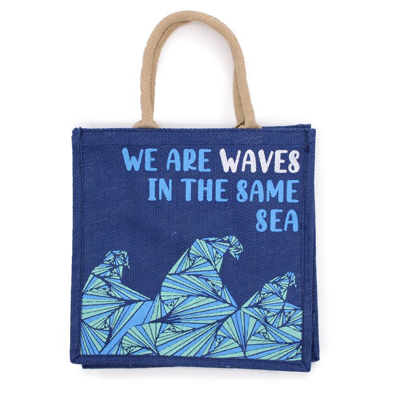 Printed Jute Bag - We are Waves - Grey, Blue and Natural