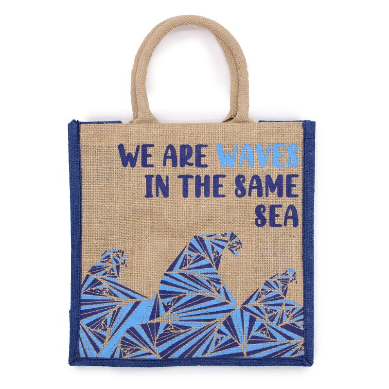 Printed Jute Bag - We are Waves - Grey, Blue and Natural