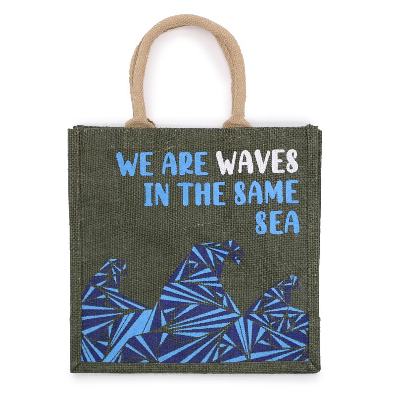 Printed Jute Bag - We are Waves - Grey, Blue and Natural