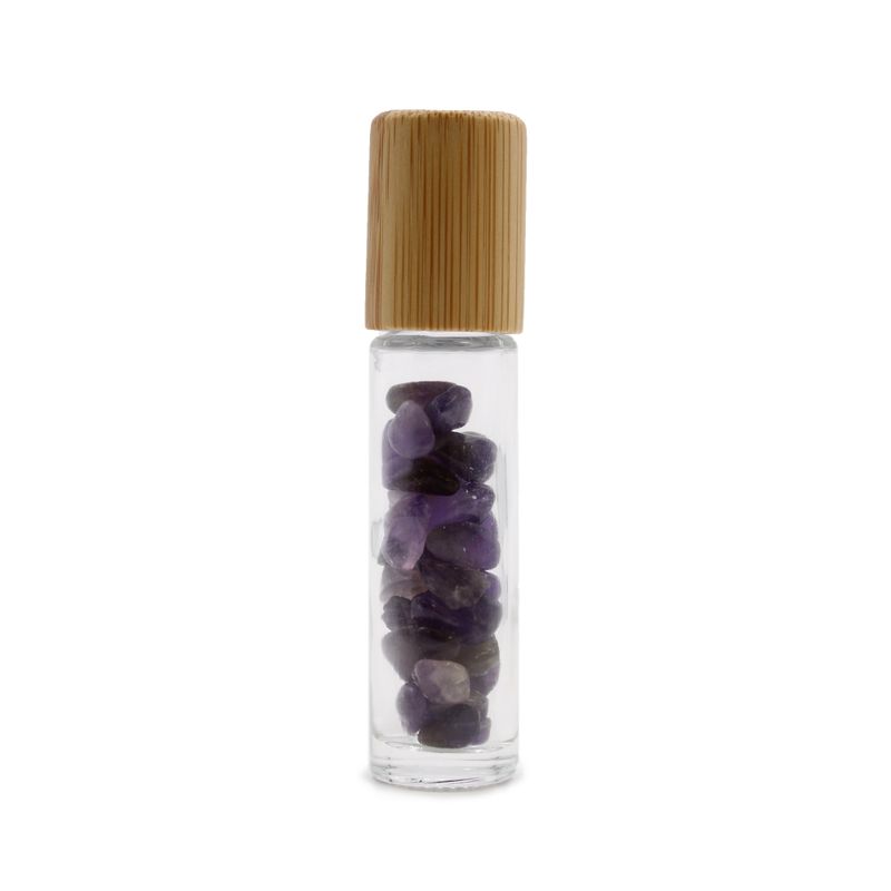 Gemstone Essential Oil Roller Bottle - Amethyst - Wooden Cap