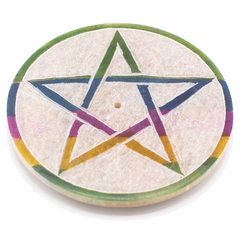 Soapstone Disc Incense Holder 8cm - Pentagram