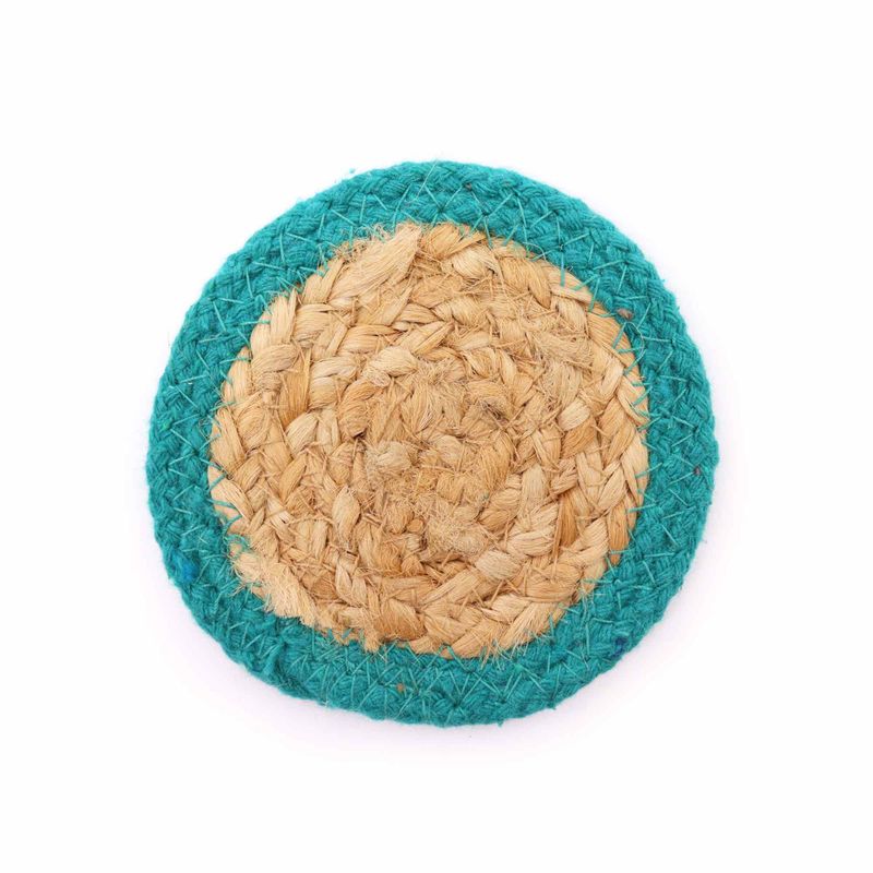 Natural Coaster - Jute & Cotton 10cm (set of 4) - Teal Border