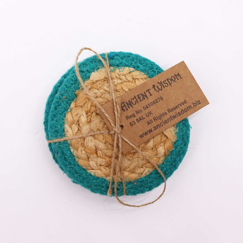 Natural Coaster - Jute & Cotton 10cm (set of 4) - Teal Border