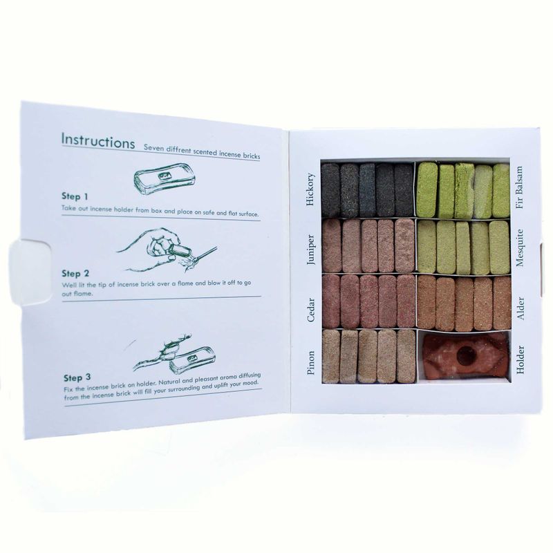 Display Set of 70 Incense Smudge Bricks and Burner - 7 Earthy Himalaya Incense