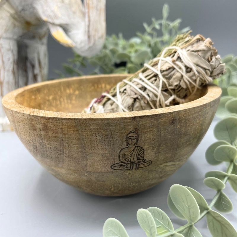 Wooden Smudge and Ritual Offerings Bowl - Buddha - 14x7cm