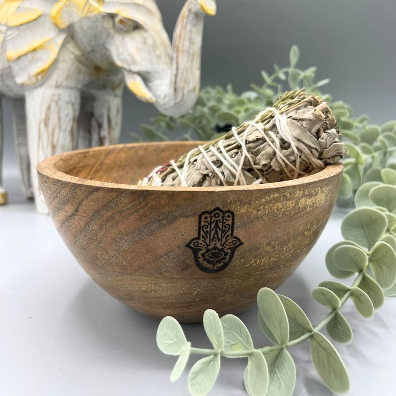 Wooden Smudge and Ritual Offerings Bowl - Hamsa - 14x7cm
