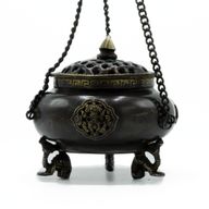 Large Brass Tibetan Burner - Four Symbol Hanging Pot