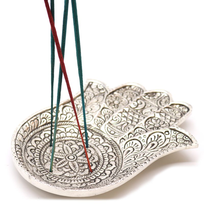 Polished Aluminium Lrg Hamsa Incense Holder 18x13cm