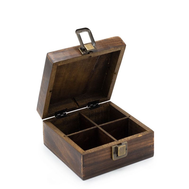 Mango Carved Tea Box - 4 compartments - 15x15x8cm