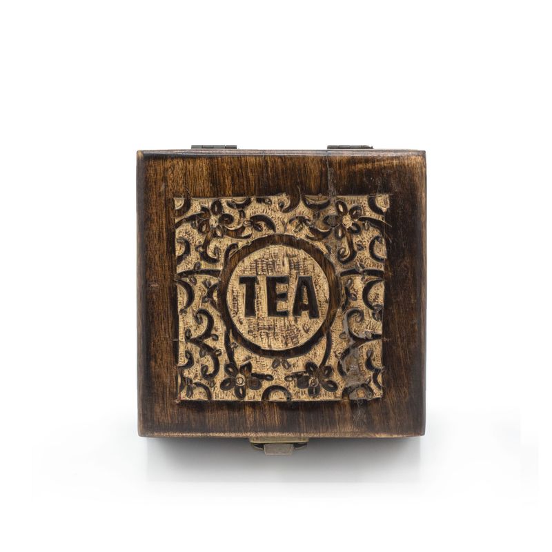 Mango Carved Tea Box - 4 compartments - 15x15x8cm