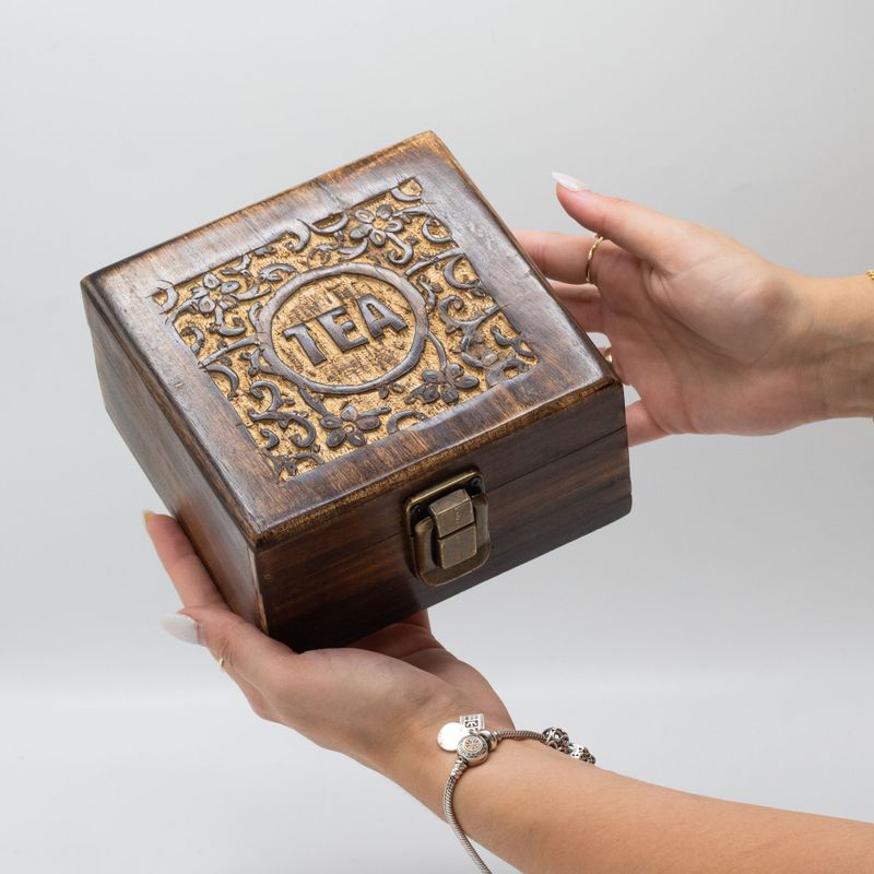 Mango Carved Tea Box - 4 compartments - 15x15x8cm