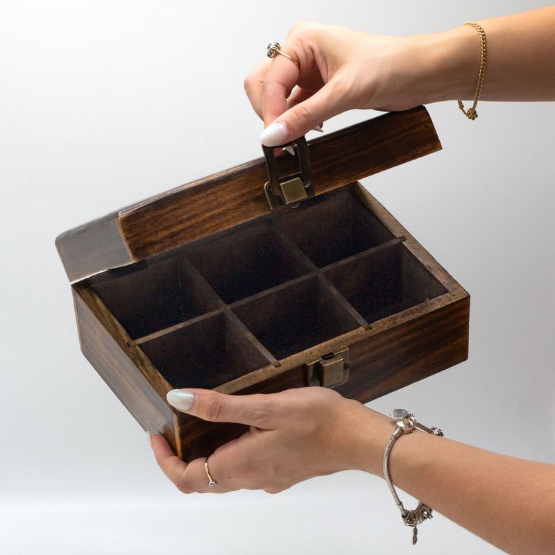 Mango Carved Tea Box - 6 compartments - 23x15x9.5cm