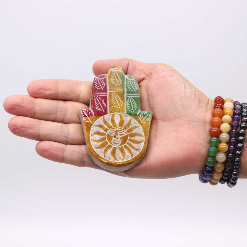 Soapstone Hamsa Incense Holder 9x6cm - Sun Face