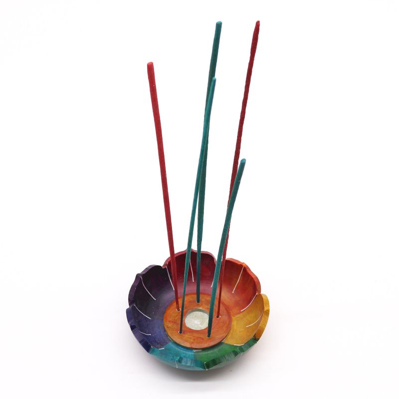 Soapstone Lotus Flower Incense Holder 10x3cm - Chakra Colours