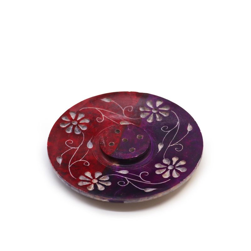 Soapstone Disc Incense Holder 8cm - Floral (5 Stick Holder)