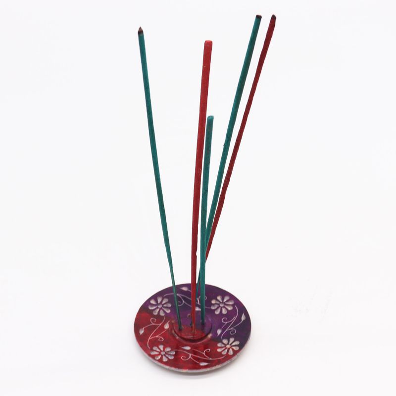 Soapstone Disc Incense Holder 8cm - Floral (5 Stick Holder)
