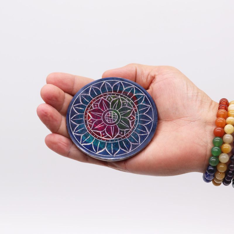 Soapstone Disc Incense Holder 8cm - Lotus in Lotus