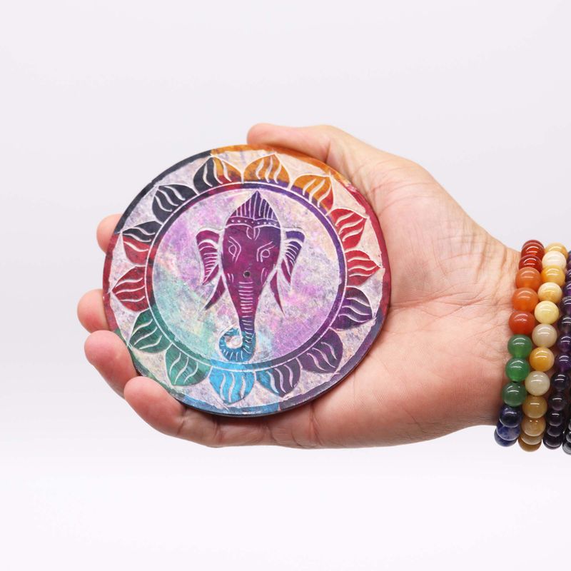 Soapstone Disc Incense Holder 10cm - Ganesha